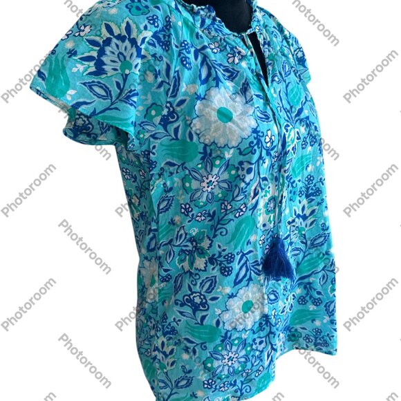 Talbots Blue & White Floral Short Sleeve Tassel Tie Neck Small Blouse - Picture 2 of 5